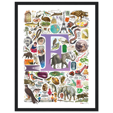 "E is for Explore" — a Renard Roux alphabet poster with English E words (purple version)