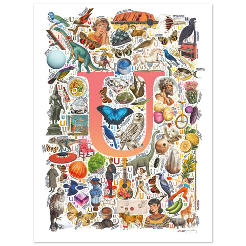 "U is for Unique" — a Renard Roux alphabet poster with English U words (red version)