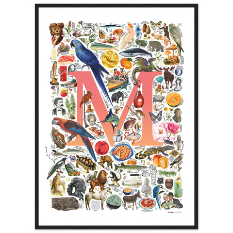 "M is for Magical" — a Renard Roux alphabet poster with English M words (red version)