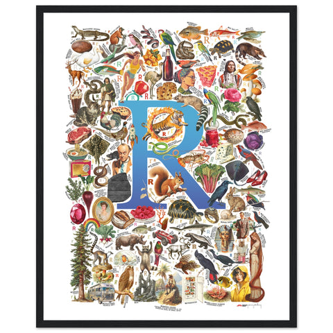 "R is for Remarkable" — a Renard Roux alphabet poster with English R words (blue version)