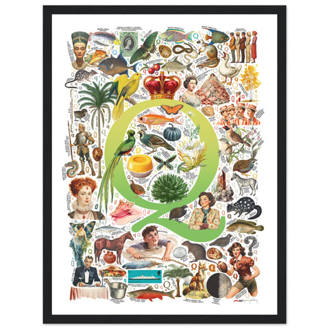 "Q is for Quest" — a Renard Roux alphabet poster with English Q words (chartreuse version)