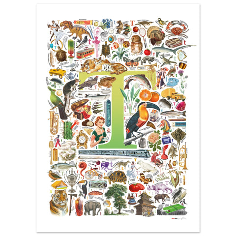 "T is for Treasure" — a Renard Roux alphabet poster with English T words (chartreuse version)