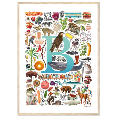 "B is for Brave" — a Renard Roux alphabet poster with English B words (turquoise version)