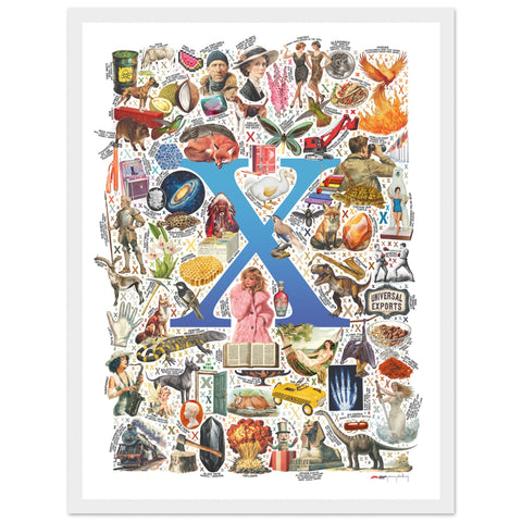 "X is for Xanadu" — a Renard Roux alphabet poster with English X words (blue version)