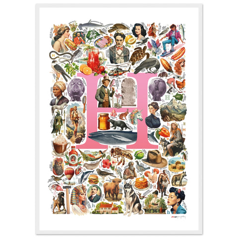 "H is for Heroes" — a Renard Roux alphabet poster with English H words (pink version)