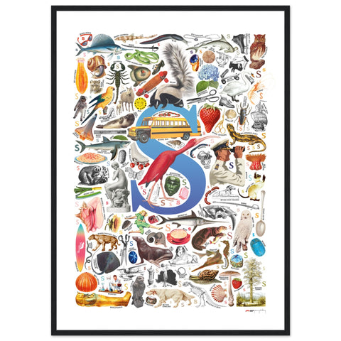 "S is for Surprise" — a Renard Roux alphabet poster with English S words (blue version)