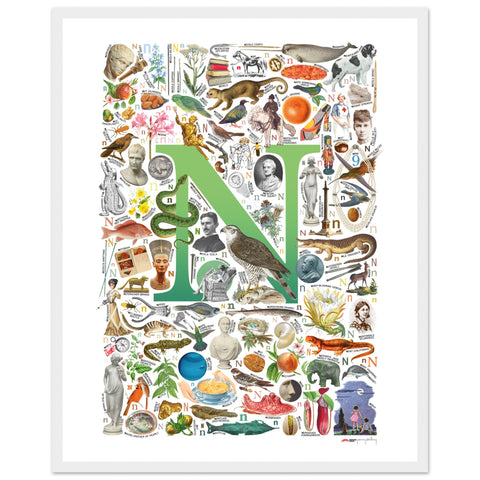 "N is for Nature" — a Renard Roux alphabet poster with English N words (green version)