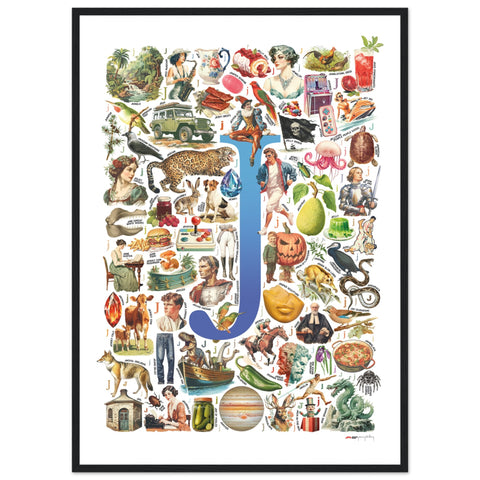 "J is for Journey" — a Renard Roux alphabet poster with English J words (blue version)