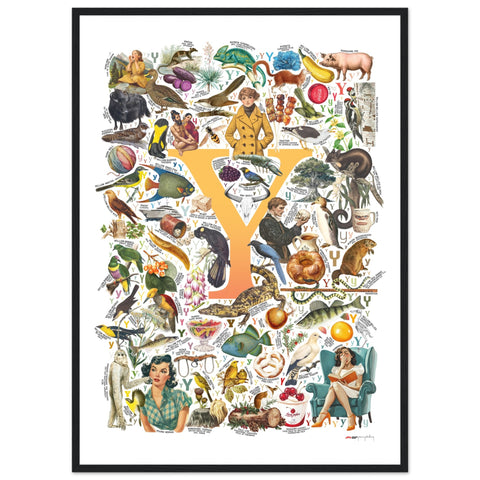 "Y is for Yonder" — a Renard Roux alphabet poster with English Y words (yellow version)