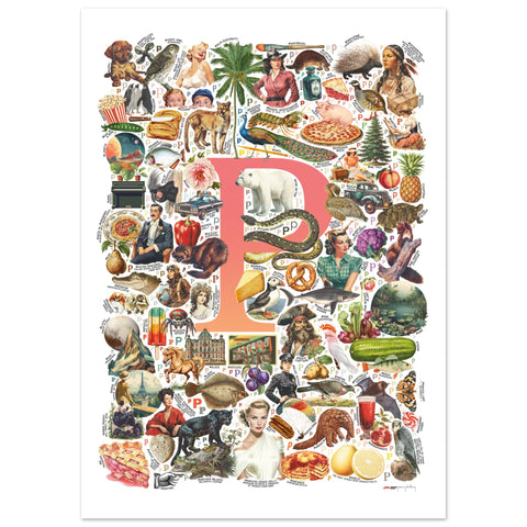 "P is for Pioneer" — a Renard Roux alphabet poster with English P words (red version)