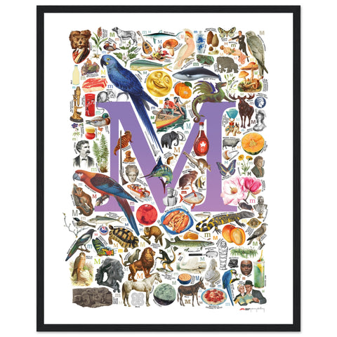 "M is for Magical" — a Renard Roux alphabet poster with English M words (purple version)