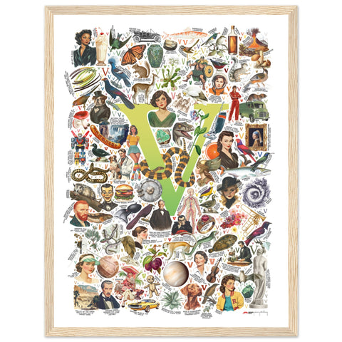 "V is for Voyage" — a Renard Roux alphabet poster with English V words (chartreuse version)