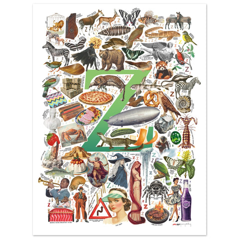 "Z is for Zenith" — a Renard Roux alphabet poster with English Z words (green version)