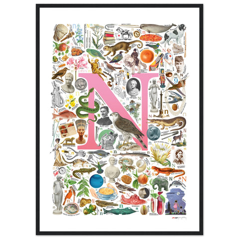 "N is for Nature" — a Renard Roux alphabet poster with English N words (pink version)