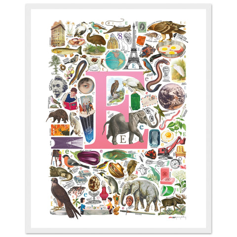 "E is for Explore" — a Renard Roux alphabet poster with English E words (pink version)