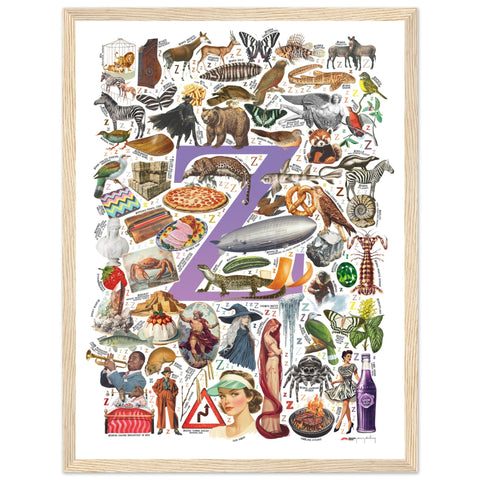 "Z is for Zenith" — a Renard Roux alphabet poster with English Z words (purple version)