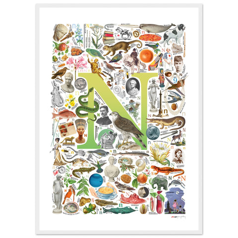 "N is for Nature" — a Renard Roux alphabet poster with English N words (chartreuse version)