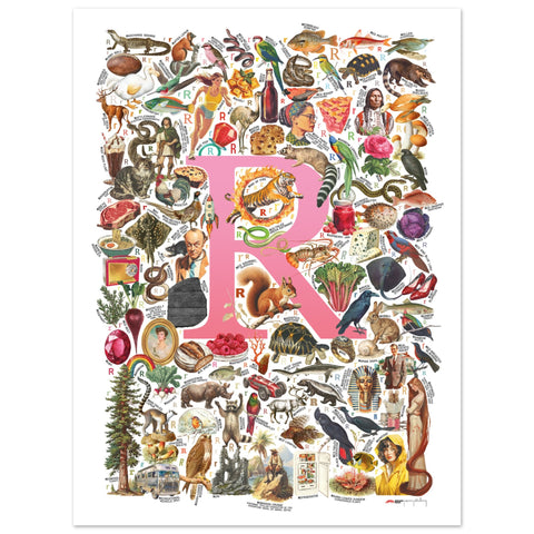 "R is for Remarkable" — a Renard Roux alphabet poster with English R words (pink version)