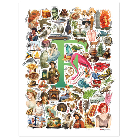 "F is for Festive" — a Renard Roux alphabet poster with English F words (green version)