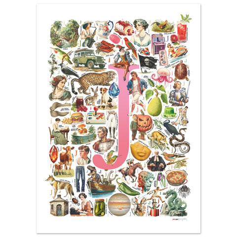 "J is for Journey" — a Renard Roux alphabet poster with English J words (pink version)
