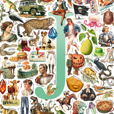 J is for Journey - a poster with English J words